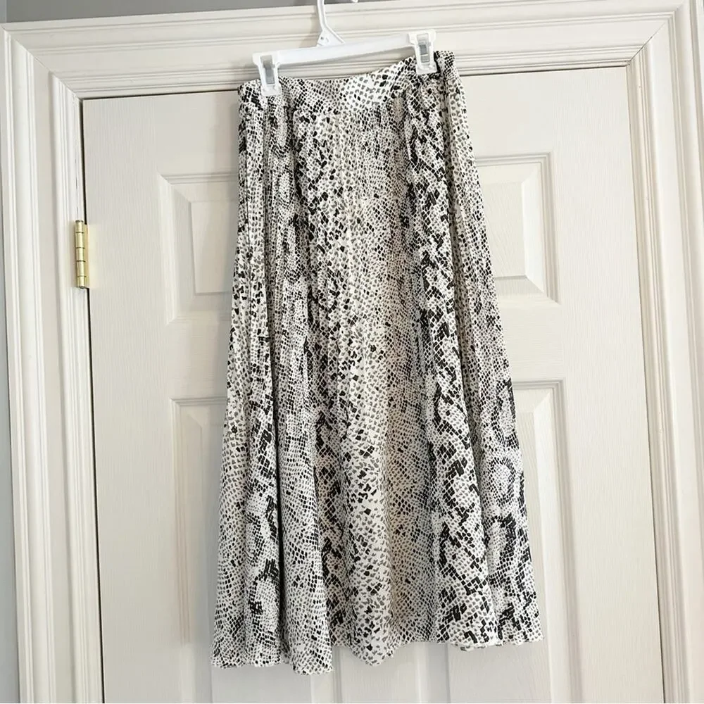 J Crew Pleated Midi Skirt AL202 Black Cream Snakeskin Python Animal Print Size 0